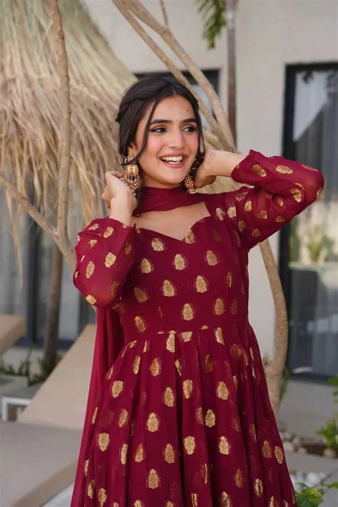 Maroon Anarkali Suit with Golden Zari Work & Dupatta – Festive Ethnic ...