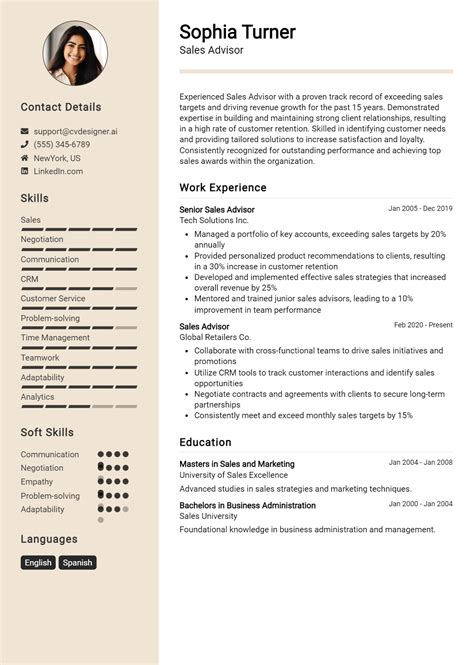 Sales Advisor Resume Example for 2026: Examples & Free Templates - CVDesigner.ai