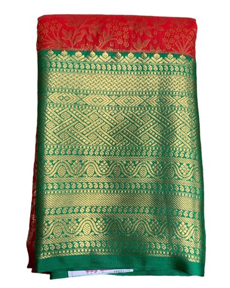Red Colour Semi Silk Saree with Big Green Border – Kumaran Silk