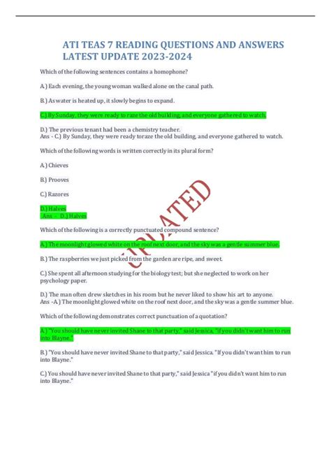ATI TEAS 7 READING QUESTIONS AND ANSWERS LATEST UPDATE - ATI TEAS 7 ...