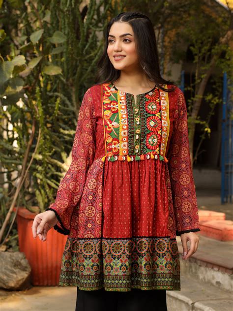 Juniper Rust Cotton & Chiffon Peplum Tunic with Embroidery