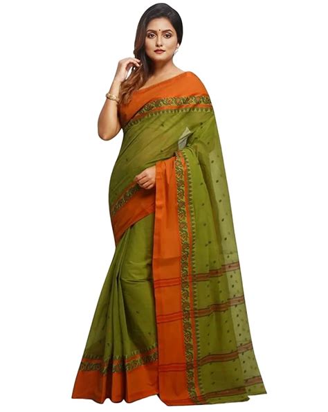 Buy Sutayan Woven Taant Pure Cotton Saree for Women Green with Orange ...