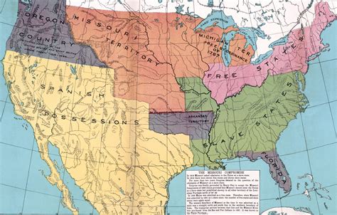 US Map, Missouri Compromise, Free and Slave States - 1820