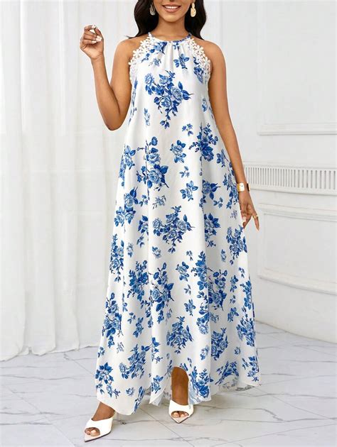 SHEIN Lady Women's Floral Print Embellished Halter Super Long Dress ...