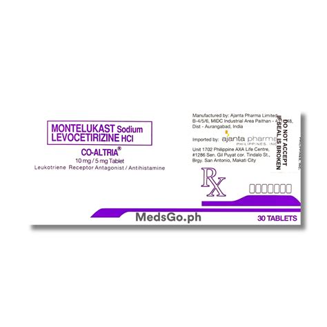 CO-ALTRIA Montelukast / Levocetirizine 10mg / 5mg - 1 Tablet price in the Philippines | MedsGo ...