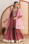 Buy Red Cotton, Chanderi Round Neck Printed Kurta Sharara Set For Women ...