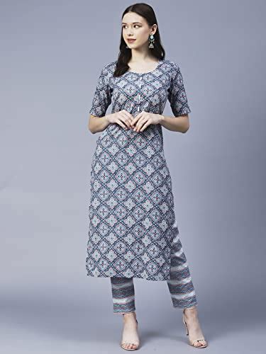 Buy GoSriKi Women's Cotton Blend Printed Straight Kurta with Pant (VMIK ...