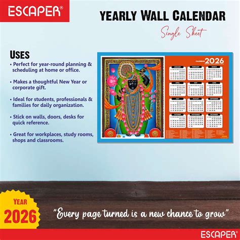 ESCAPER Srinath Ji Wall Calendar, Religious Temples Photos for Home ...