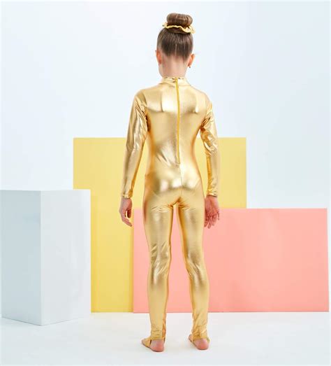 Buy Kepblom Girls Shiny Metallic Mock Neck Unitard Long Sleeve Zipper ...