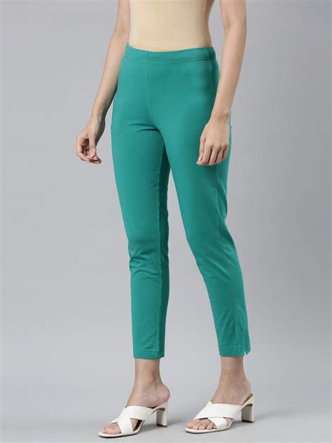 Women Solid Peacock Green Cotton Mid Rise Kurti Pants