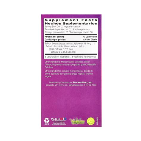 Bio Nutrition, Saffron Extract, 88.5 Mg, 50 Vegetarian Capsules – Maple ...