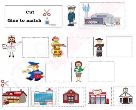 Cut and Paste Community Workers' Workplaces Worksheet | Olympiad tester