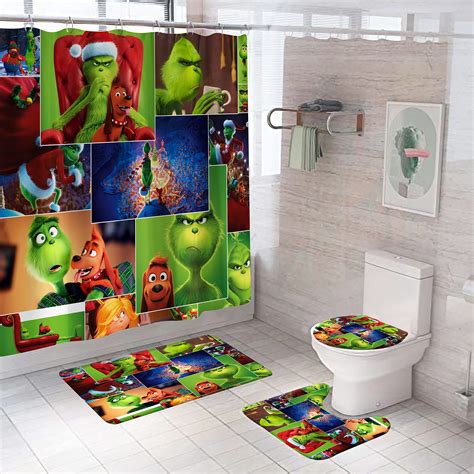 Christmas Shower Curtain Set with Rugs, Toilet Lid Cover Bath Mat ...