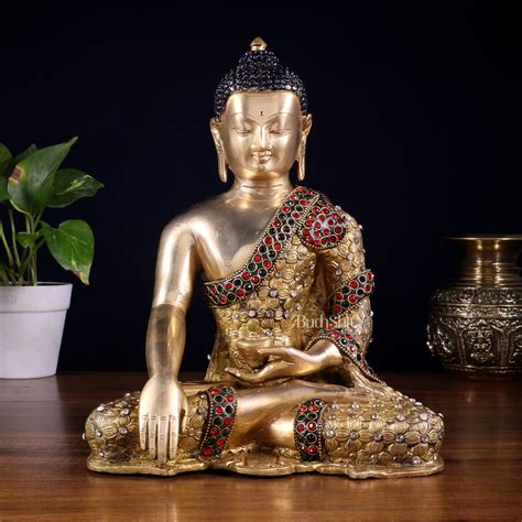 Brass Bhumisparsha Buddha Statue with Nepalese Stonework – 10.5 Inch ...