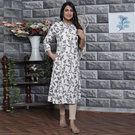 White Grey Floral Printed Cotton Kurti