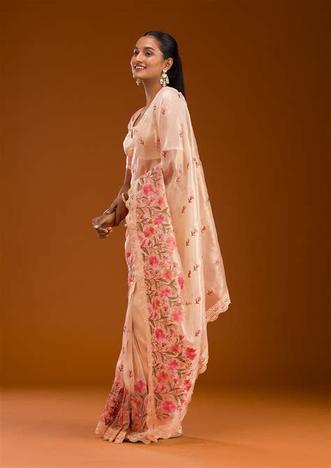 Buy Peach Threadwork Tissue Saree - Koskii