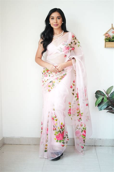 Ineffable 1-Minute Ready To Wear Baby Pink Organza Silk Saree – thelotusfab