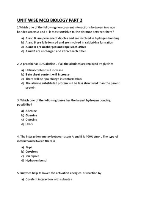 CELL BIOLOGY QUESTIONS PART 2 - UNIT WISE MCQ BIOLOGY PART 2 1 one of ...