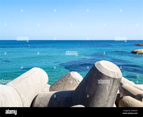 travel to South Korea - view of concrete blocks on Deungdae beach and ...
