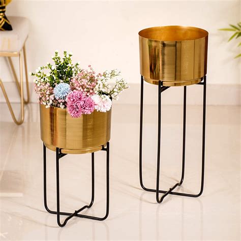 Luxe Metal Floor Planter With Stand Gold Set Of 2 Online - Premium ...
