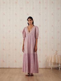 Lilac Marble Floral Embroidery Maxi Dress | Buna Studio