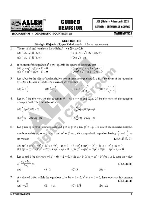 Guided Revision Sheet for Logarithm & Quadratic Equations (027) - Studocu