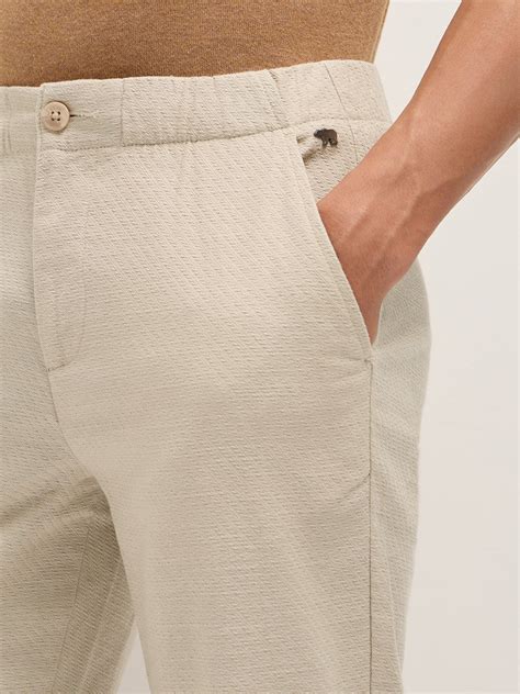 Shop Cream Textured Straight Fit Casual Trousers with an Elasticated ...