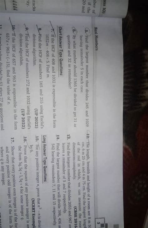 Real Numbers 5. Find the largest number that divides 245 and 1029 12. The..