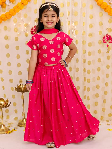 BownBee Short Sleeves Chanderi Lehenga Choli With Dupatta Set For Girl