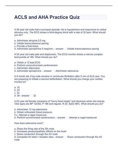 ACLS and AHA Practice Quiz Questions with correct Answers - AHA ACLS ...