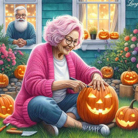 Woman carves a Halloween pumpkin - online puzzle