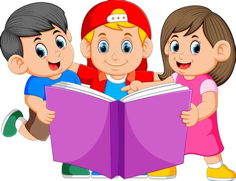 Cartoon happy kids reading a book Royalty Free Vector Image
