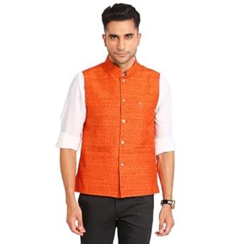 Buy Turtle Men Terylene Rayon Orange Printed Formal Nehru Jacket at ...