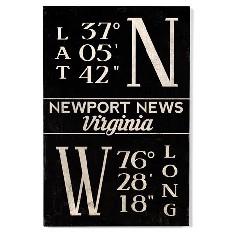 Newport News, Virginia, Latitude and Longitude (Black and White) Birch Wood Wall Sign (12x18 ...