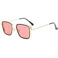 Buy ARZONAI Men's Square Sunglasses (Golden Frame, Pink Lens) (Medium ...