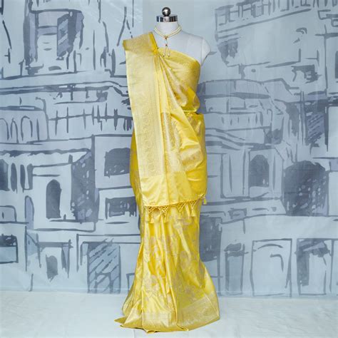 Pastel Yellow Pure Mashru Satin Silk Saree – Banarasiya