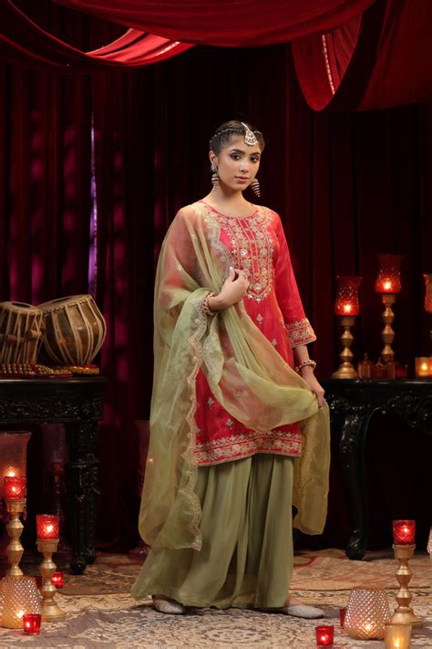 Shop Fuchsia-Sage Green Shimmer Organza Embroidered Sharara Set ...