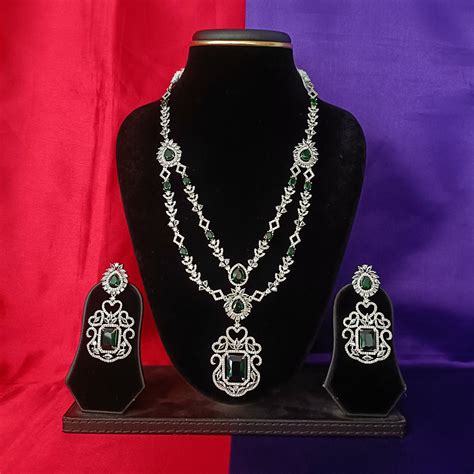 Elegant Silver Layered Long Necklace In Green Stone – Ambica Wedding Mall