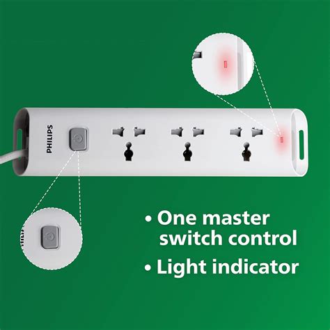 Philips CHP2432W Power Strips with 3 Universal Socket, One Main Switch ...