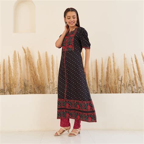 Buy Black Bandhani Inspired Kurta Pant Co-ord Set for Women with Puff ...