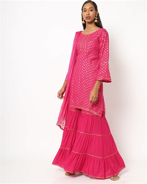 GBWI2466 Magenta Pink Foil Printed Kurta Sharara Set With Solid Dupatta ...