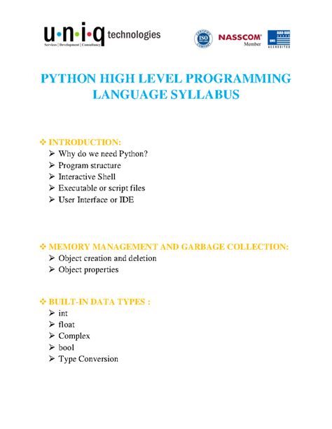 Python Basic Syllabus - PYTHON HIGH LEVEL PROGRAMMING LANGUAGE SYLLABUS ...