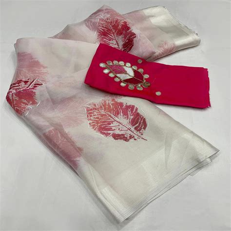 White Floral Foil Printed Organza Saree