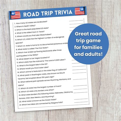 Road Trip Trivia Game, Road Trip Printable Game for Adults, Road Trip ...