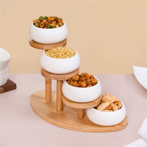 Set Of 4 Ceramic Bowls With Staircase Wooden Stand Online - Premium ...