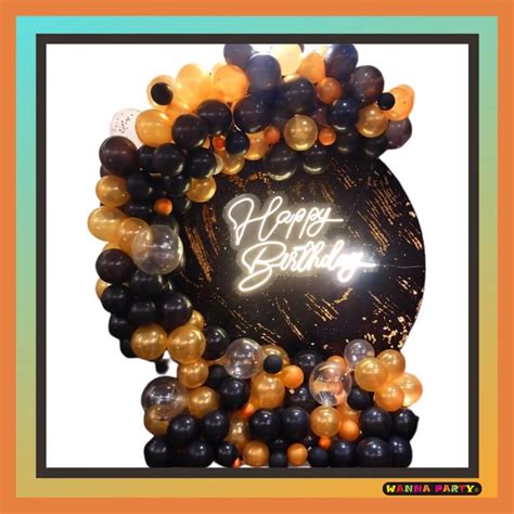 Black & Golden Sequin Backdrop with Neon Happy Birthday Set Up – Wanna ...