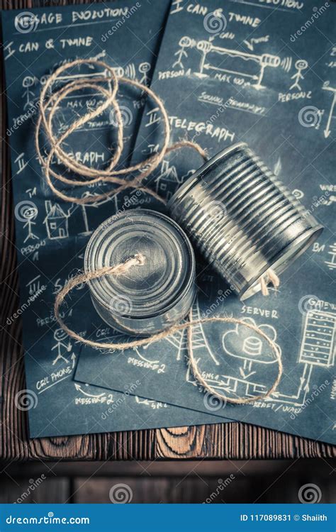Analog Telephone Made of String and Cans and Scheme Stock Image - Image ...