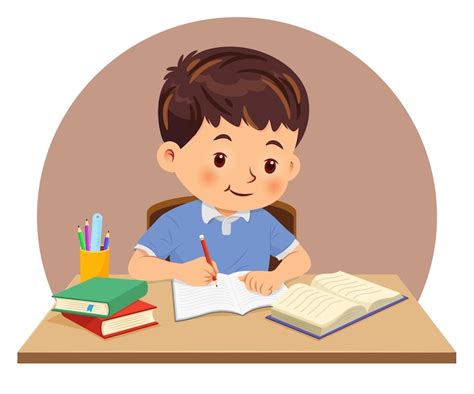 Little boy doing homework by read and writing on his desk vector ...