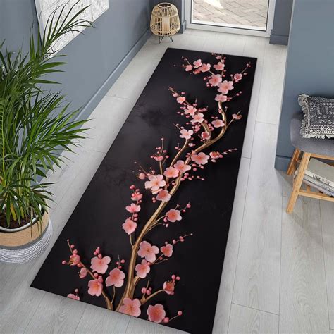 Pink and Black Cherry Blossom Rug, Cherry Blossom Runner, Cherry ...