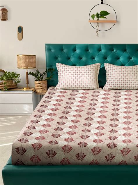 Beige Floral 400 TC Pure Cotton Double Bedsheet with 2 Pillow Covers ...